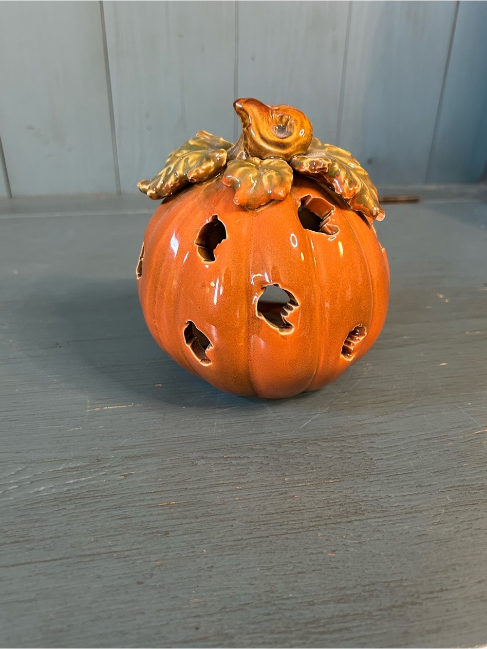 Vintage Orange Ceramic Pumpkin Lantern with Green Stem - Fall Decor